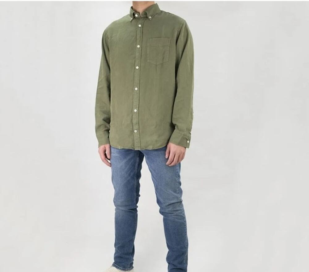 NN07 Levon Button Shirt Olive Brushed Cotton M MSRP $195 Scandi Luxe Minimalist